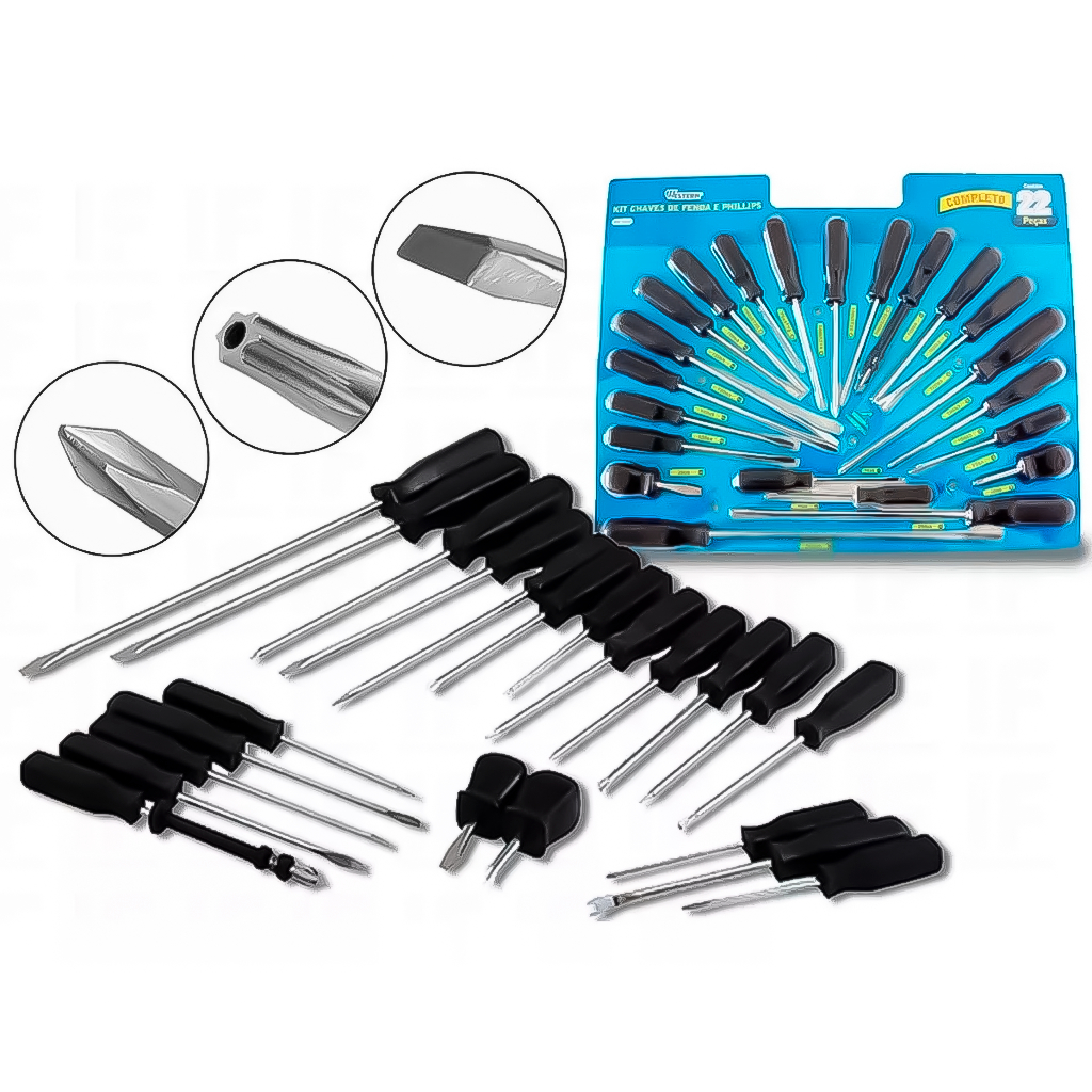 Kit Jogo Chave De Fenda E Phillips 22 Peças Profissional Multiuso Ferramenta Casa Uso Geral Prático - Home & Living
