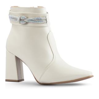 Bota Feminina Lumiss Strass Salto Alto Grosso Brilho Cristal Coturno Bico Fino Confortável Fashion Branco Off White em Oferta na Shopee