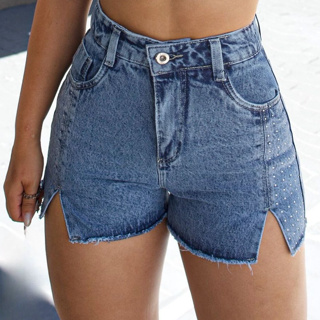 Short Jeans Feminino Premium Marmorizado Brilho Lateral Strass Luxo Moda Blogueira Cintura Alta 100% Algodão em Oferta na Shopee