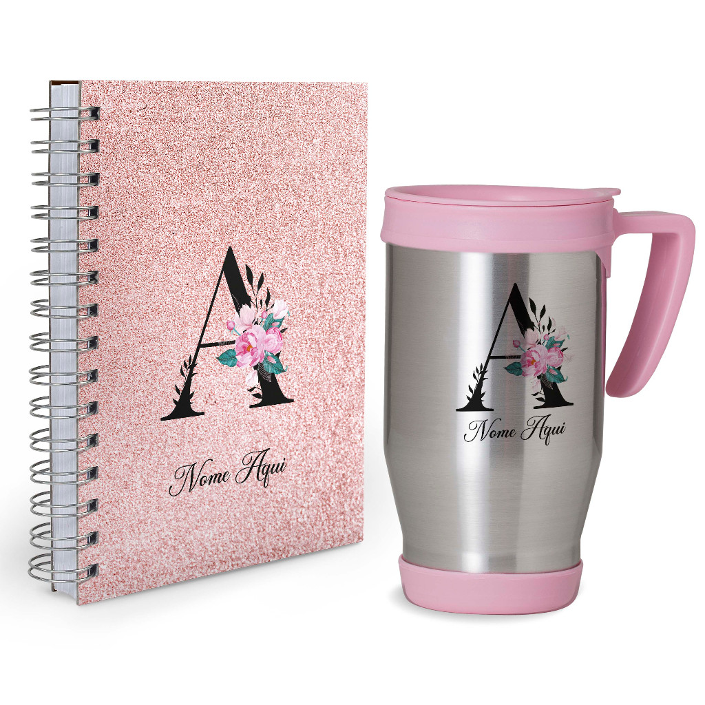 Kit Agenda 2026 + Caneca Iniciais Areia Rosa/Rosa Holográfico - Com Nome