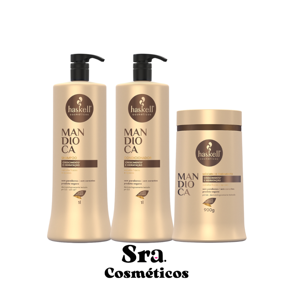 Shampoo 1L, Condicionador 1L e Mascara 900g Mandioca Haskell Kit