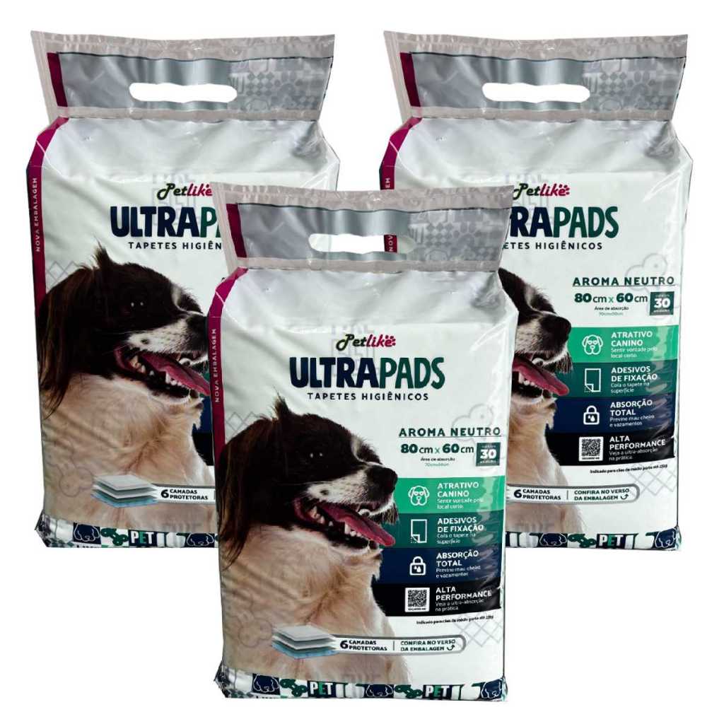 Kit 90 unidades tapete higiênico Ultra Pads neutro grande para cachorro 80x60 cm