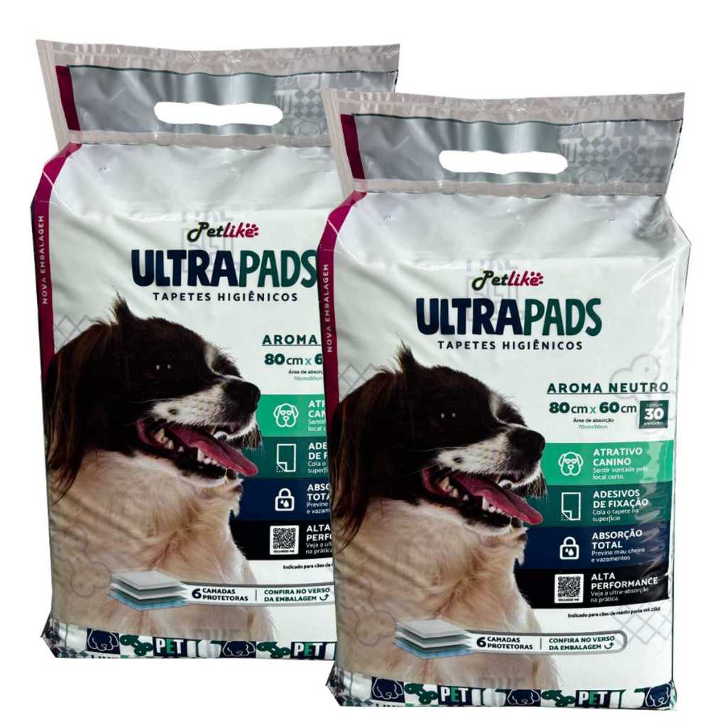 Kit tapete higiênico grande absorvente para cães Ultra Pads PetLike 80x60 cm 60 unidades