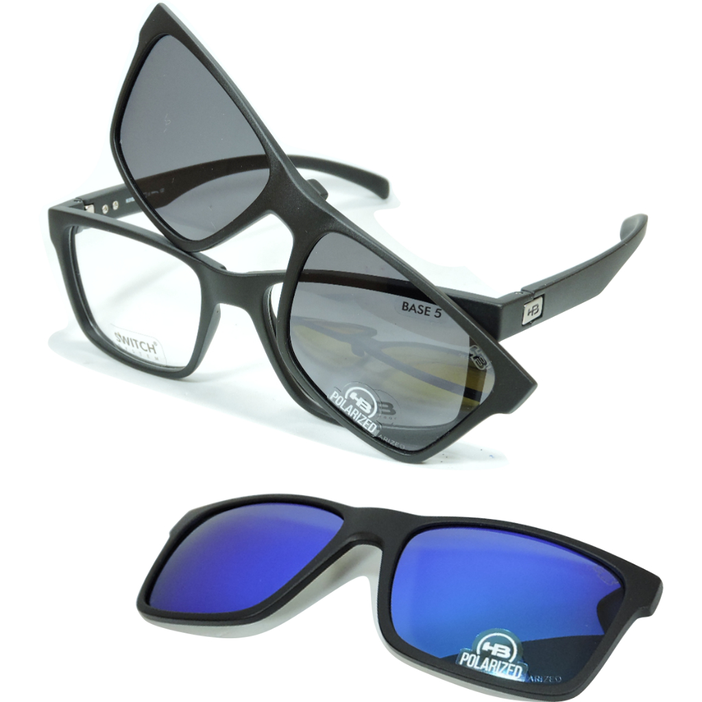 Armação Oculos Grau Hb Clip-on Preto 0339 Preto Fosco 2 Clip Com Imãs e Encaixe Central Original Garantia De 1 Ano