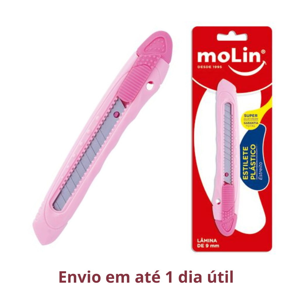 ESTILETE PLASTICO ROSA CLARO 9MM MOLIN 16506 em Oferta na Shopee