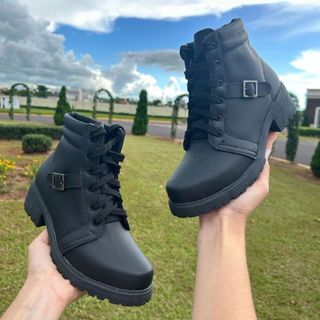 Coturno Feminino Bota Cano Baixo Confortável Salto Bloco Tratorado Macio Moderno Com Fivela