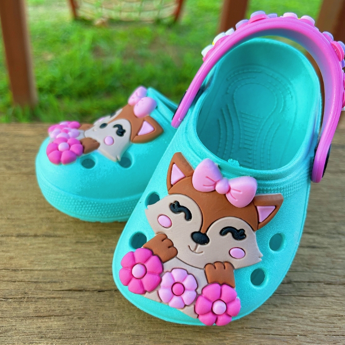 Sandália Babuche Turquesa Infantil Para Meninas Raposa Com Correia Florida Rosa