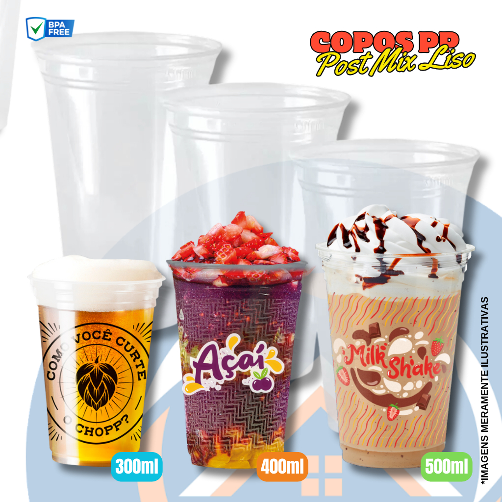 Copo Copão Liso para Açaí - Cerveja - Drinks PP Post Mix 300ml, 400ml e 500ml Copão c/50un e c/100un em Oferta na Shopee