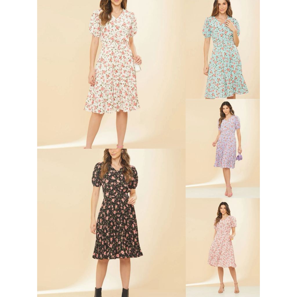 Vestido Plissado Estampado Flor Manga Curta Moda Feminina -046 em Oferta na Shopee