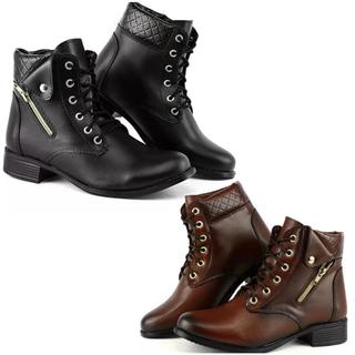 Kit 2 Pares de Bota Coturno Feminino Couro Bovino Botinha Super Confortável e Barata Envio em 24 Horas