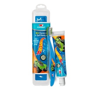 Kit Escova Extra Macia Desenho Infantil Kids Hot Wheels Escova + Gel Dental Grátis Estojo Criança