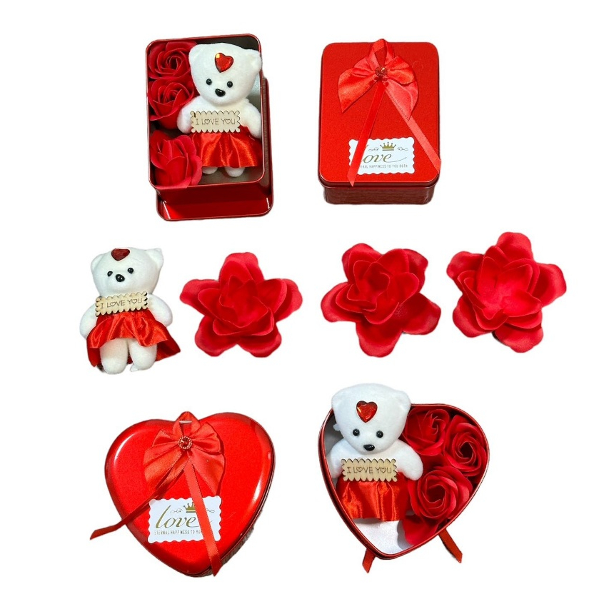 Caixa De Presente De Metal Com Ursinho E Rosas em Oferta na Shopee