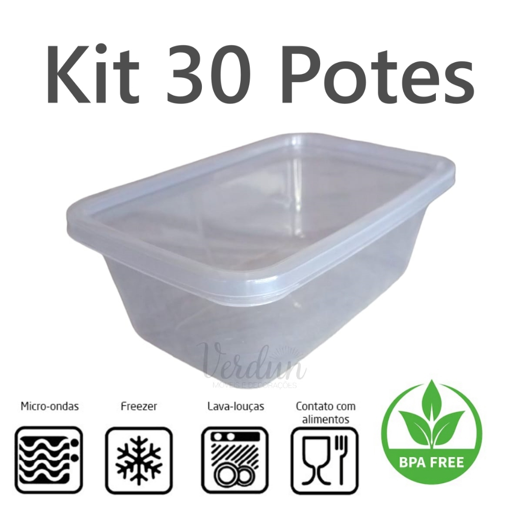 Kit 30 Potes Marmita Fitness Livre BPA 1 litro Congelar Marmita Semanal 1000 Ml Transparente com Tampa  Resistente