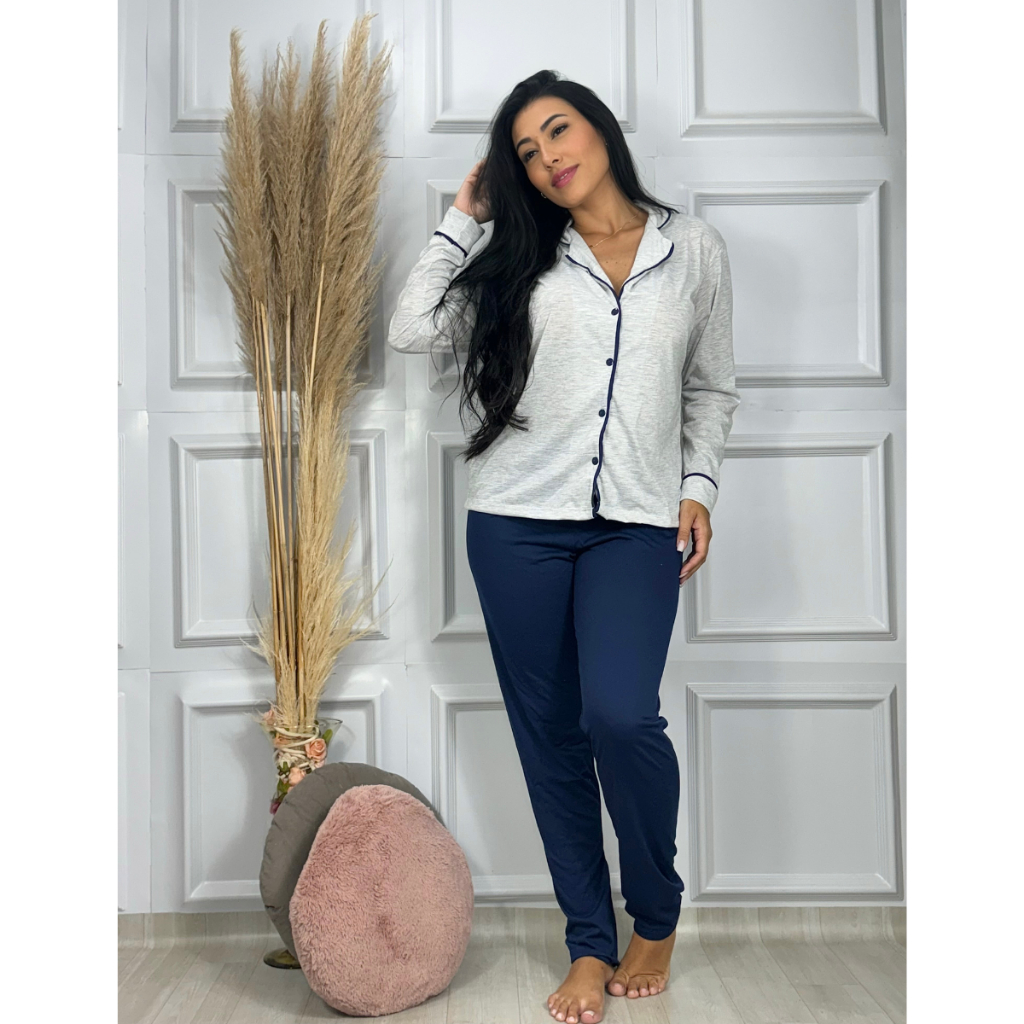 Pijama American Botao Amamentação Blusa e Calça Comprida Manga Blogueira Feminino