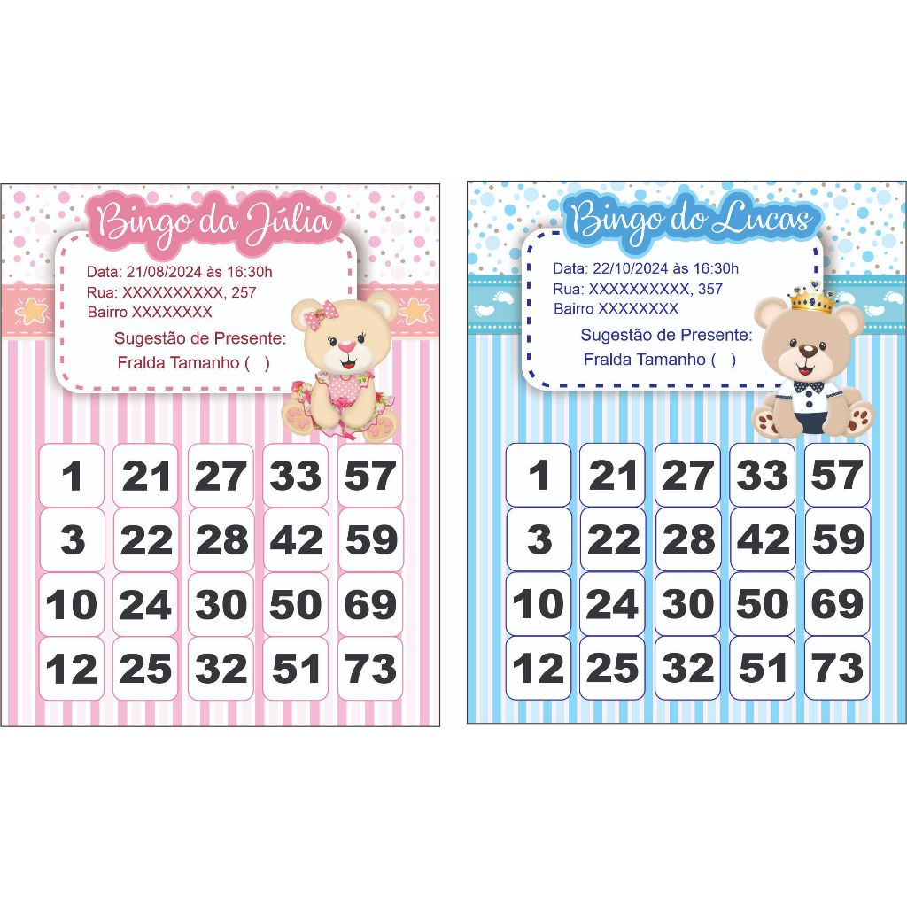 Convite Aniversário Cartelas Bingo - Chá de Bebê - Revelação Baby Bingo