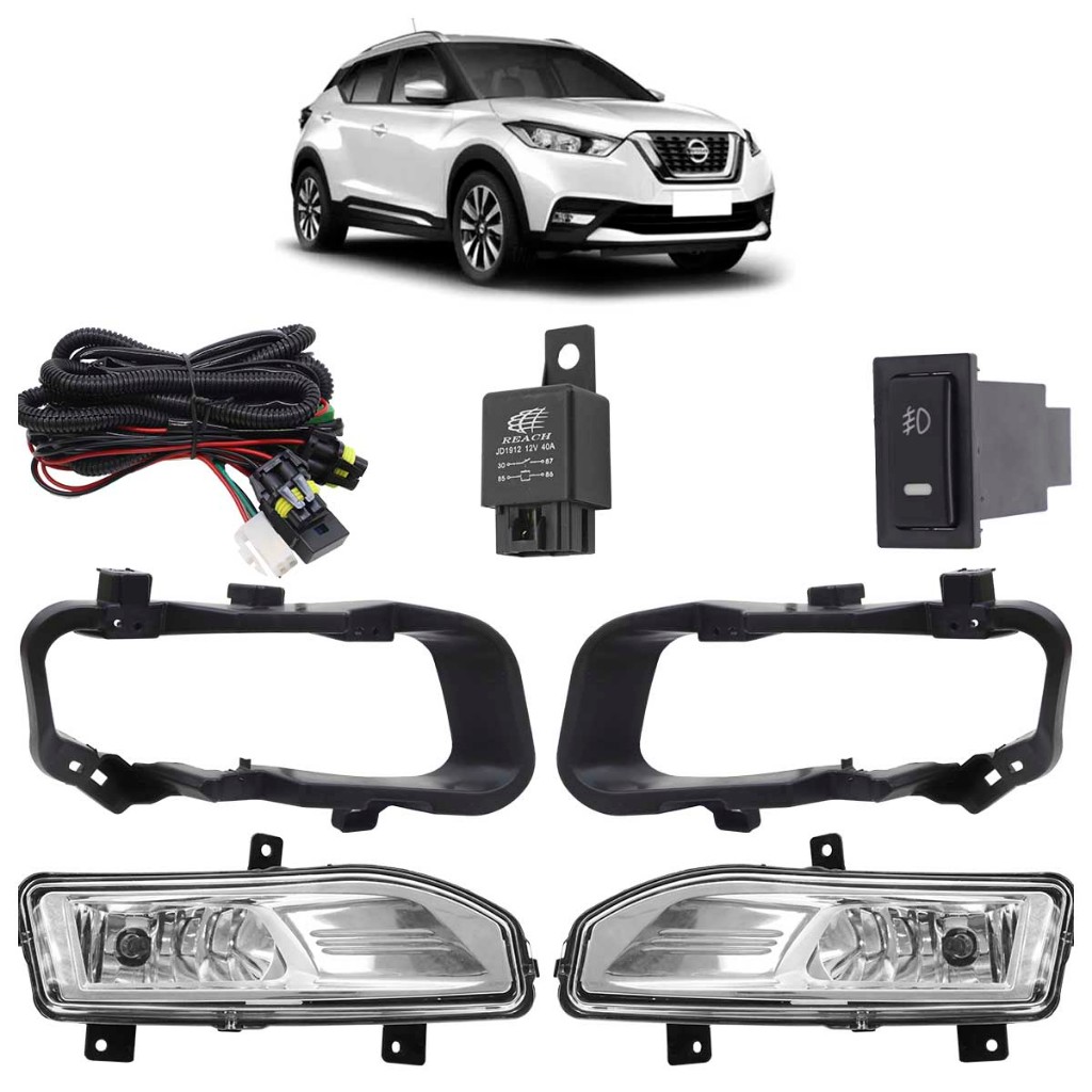 Kit Farol Milha Auxiliar Completo Kicks 2017 2018 2019 2020 2021 Preto Com Furo Lente Lisa Vidro