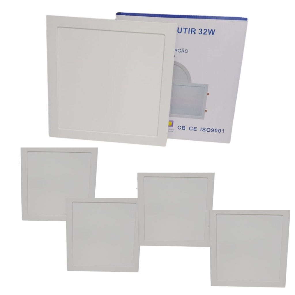 KIT 5 Luminária Plafon LED 32w Quadrado Embutir Branco Frio 6500k/Neutro 4000k de PVC bivolt Pop 1ª Linha Promoção