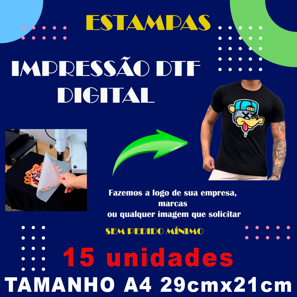 Kit 15 estampas DTF digital tamanho A4 29cmx21cm aproximadamente ou 25x25cmse for quadrada facil aplicaçãocom ferro de passar ou prensa termica