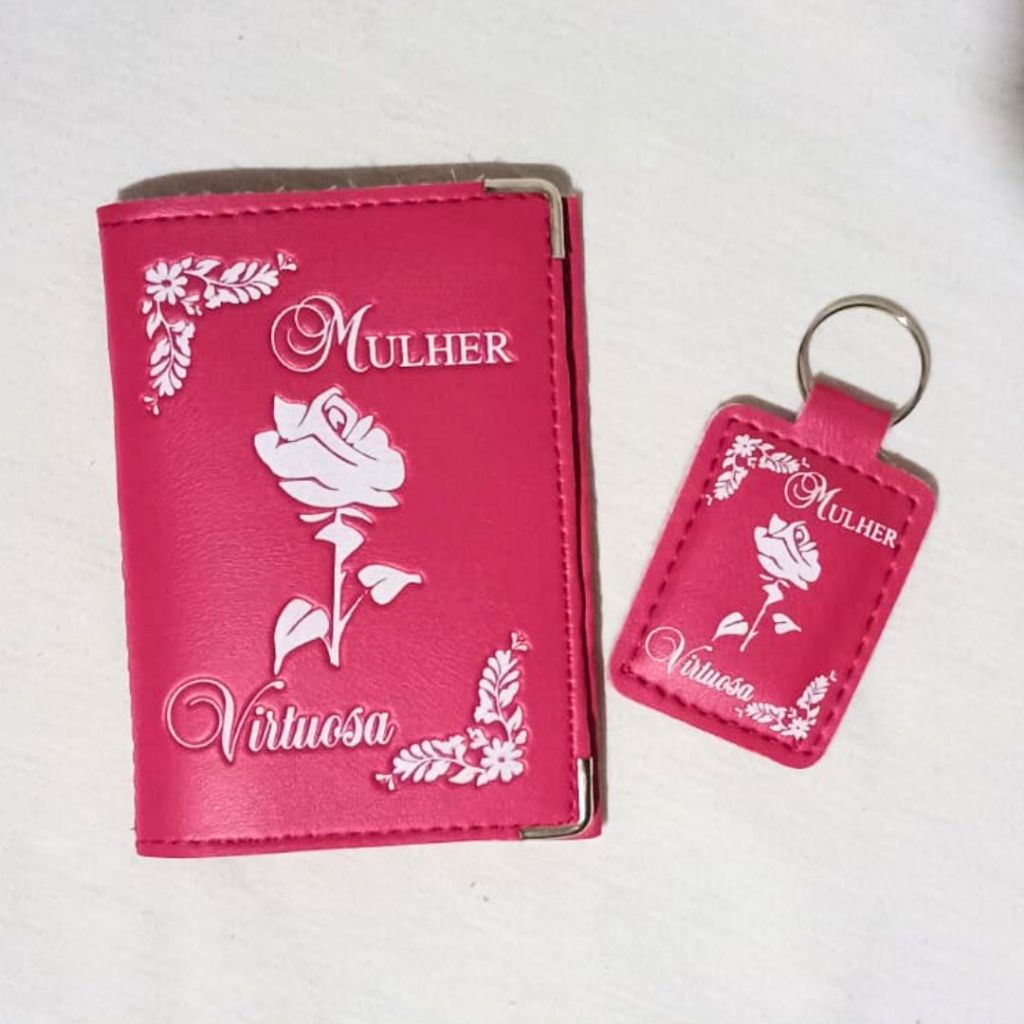 Detalhes do Kit Mulher Virtuosa Carteira Porta Documentos + Chaveiro Personalizado Dupla Face