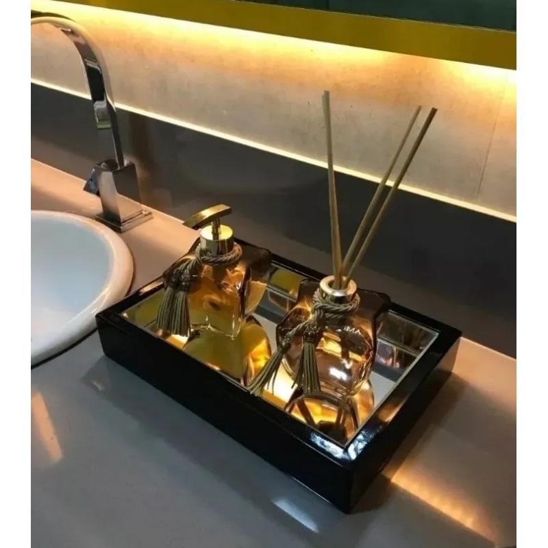 Mini Bandeja Decorativa Espelhada Pintura Laca Para Decorar Sala Taças Bar Lavabo Preta