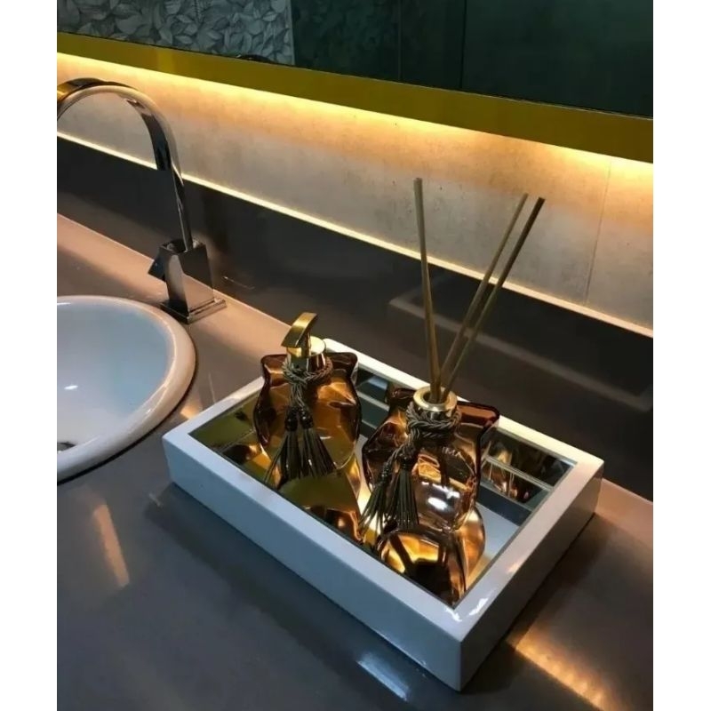 Mini Bandeja Decorativa Espelhada Pintura Laca Para Decorar Sala Taças Bar Lavabo Branca