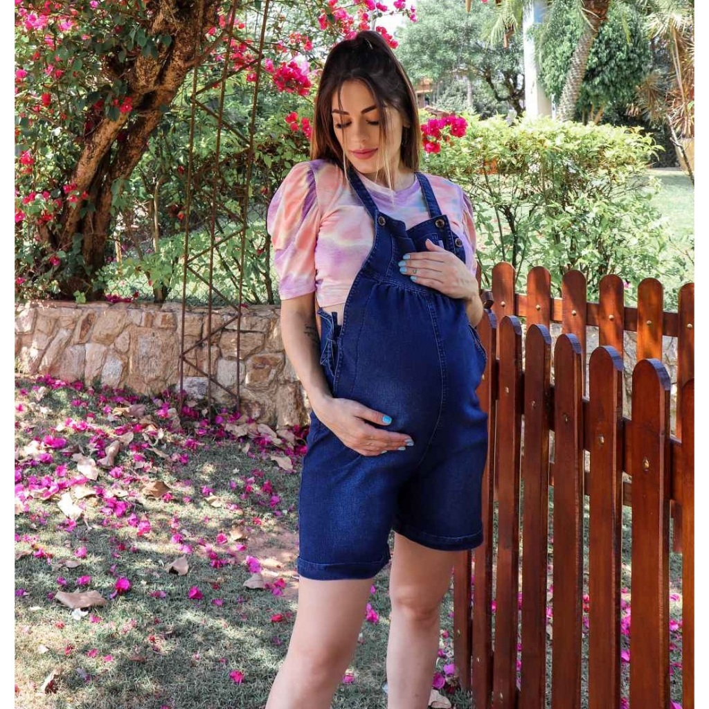 Macacão Jardineira Jeans Gestante Curto Shorts Moda Verão