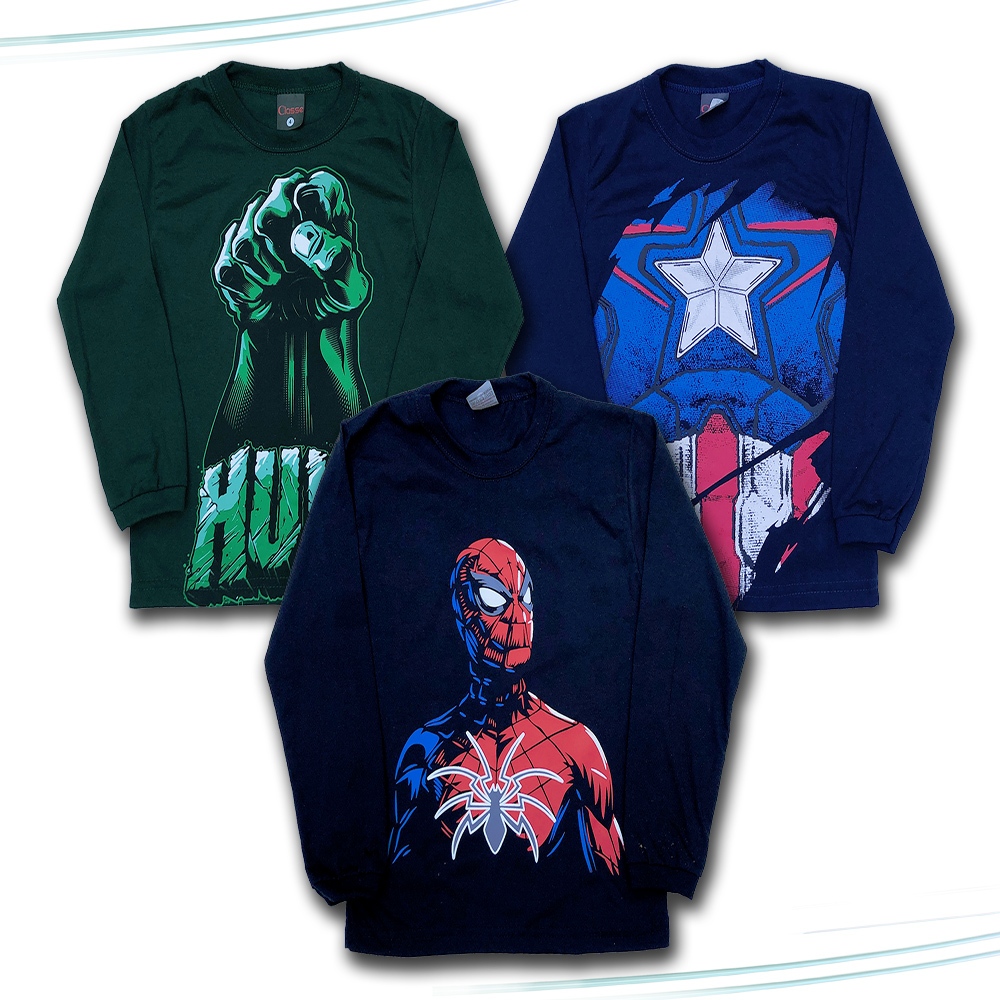 Kit 3 Camisetas Manga Longa Inverno Menino Personagem Heróis Juvenil 10 ao 16 em Oferta na Shopee
