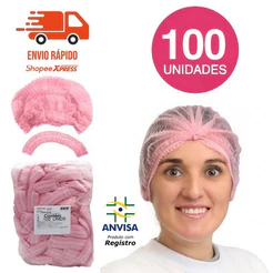 Touca Descartável Rosa TNT Elástico Duplo 100 Unidades