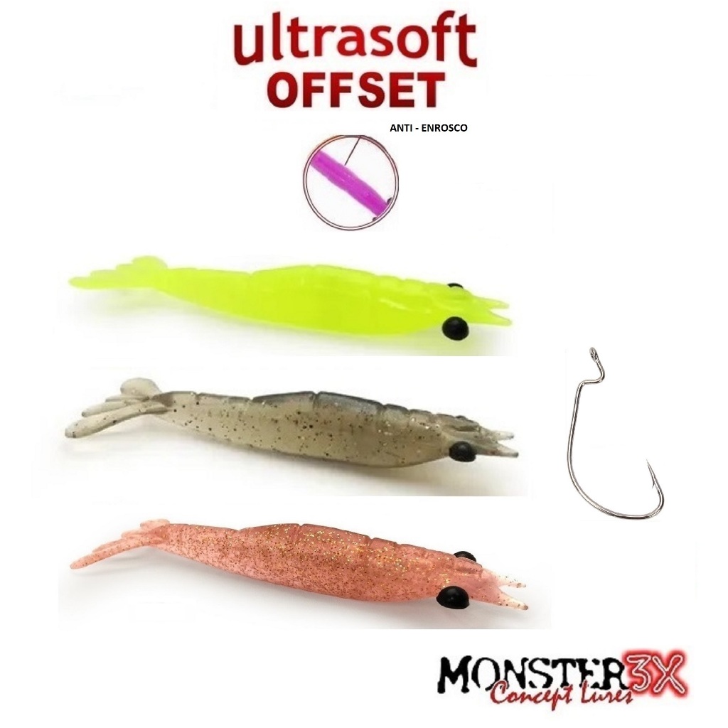 Isca Monster 3x Camarão ULTRASOFT OFFSET 7,5cm Cartela Com 3 Unidades ANTI - ENROSCO + Anzol Offset