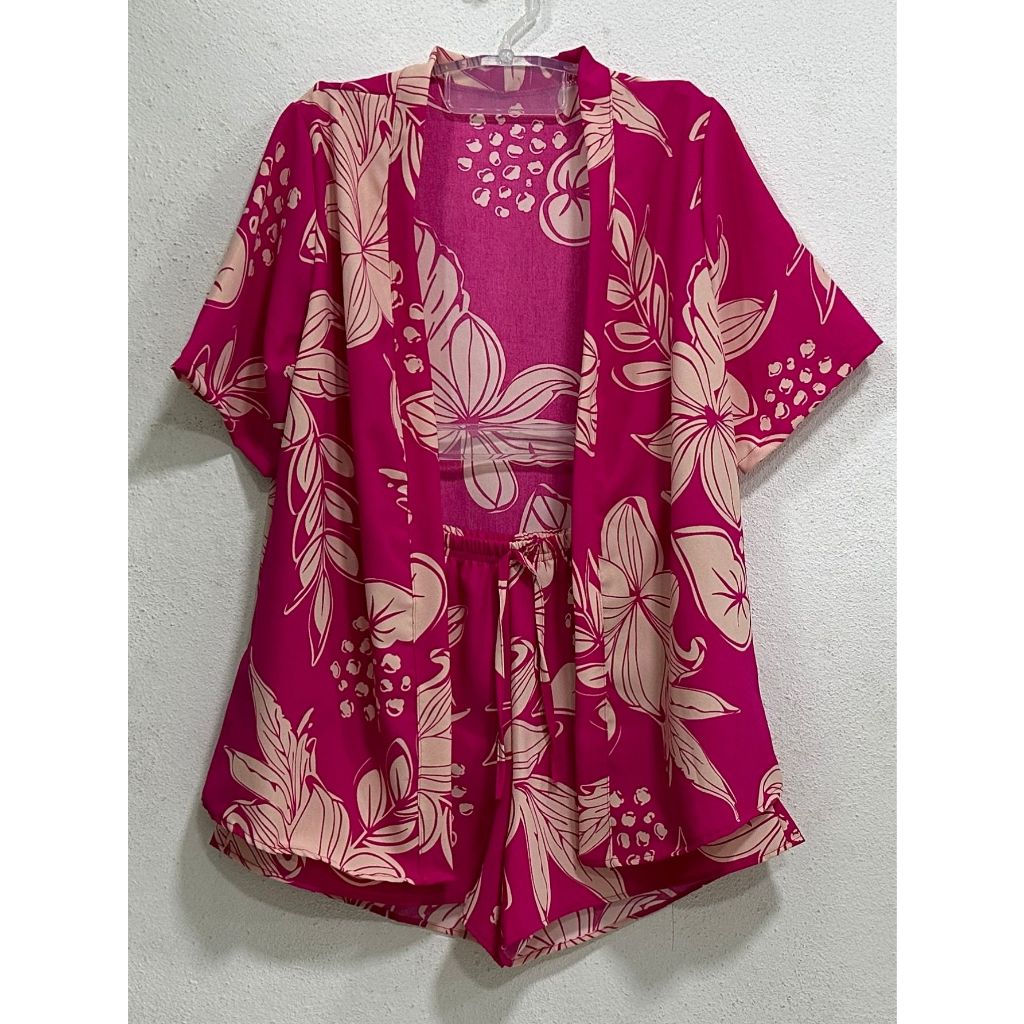 Estampa Tropical Ombro Caído Quimono & Shorts