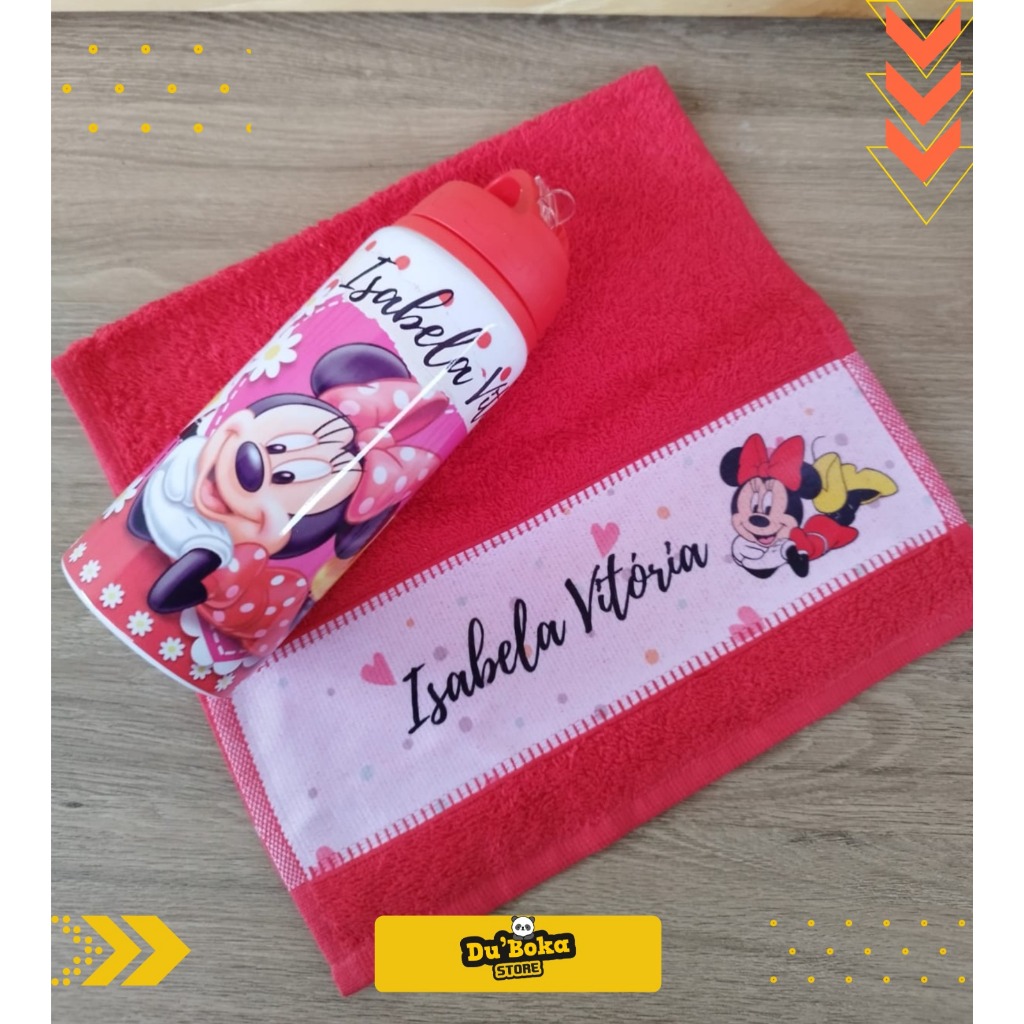 Kit Garrafinha E Toalinha Personalizada Com Nome Minnie