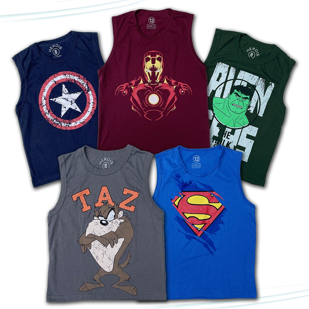 Kit 5 Camisetas Regata Infantil Juvenil do 4 ao 16 100% Algodão Estampas Sortidas Personagens em Oferta na Shopee