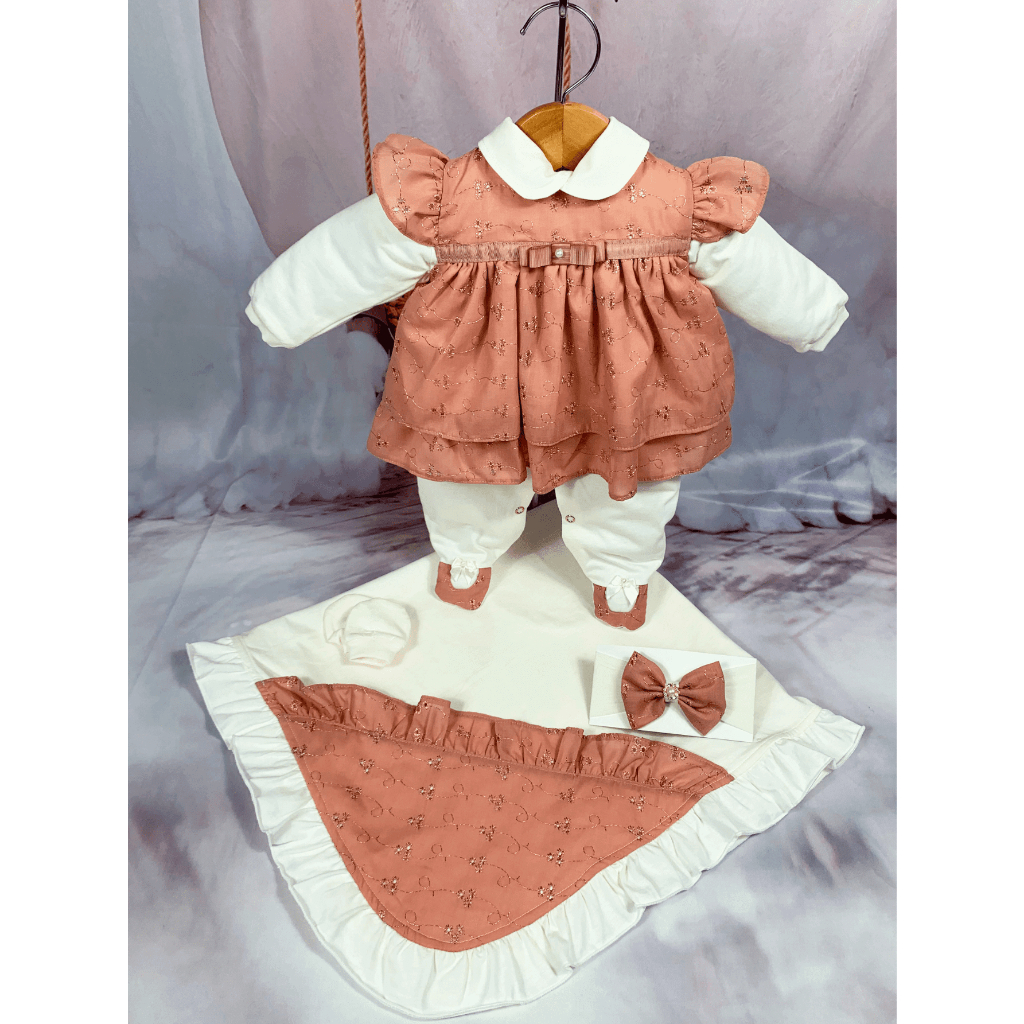 Kit Saída De Maternidade Menina Vestido 5 Peças Laise Bege