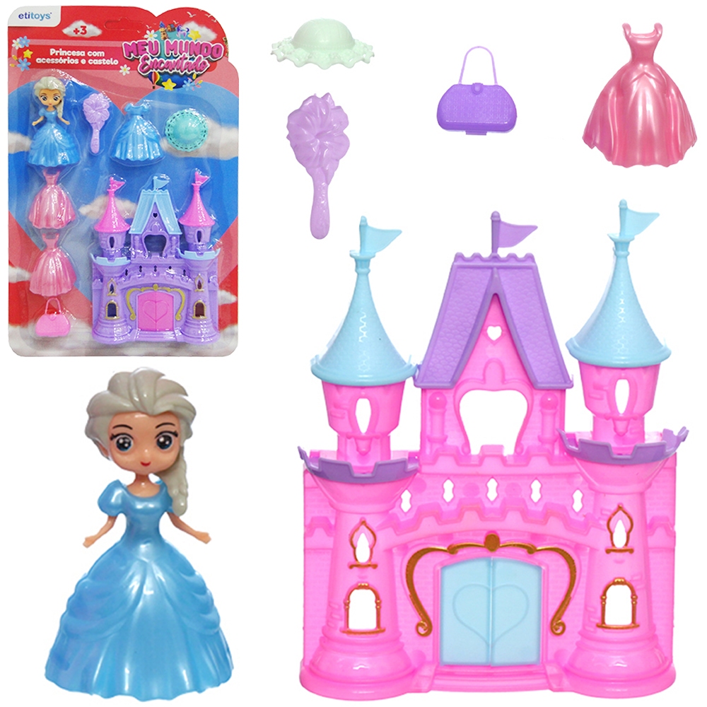 Castelo Princesa Com Boneca Troca Roupa De Plástico + Acessórios 8 Pçs