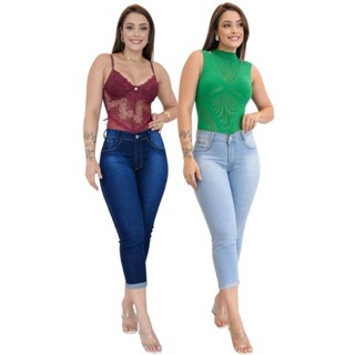 Calça Feminina Cós Alto Capri Jeans Com Elastano