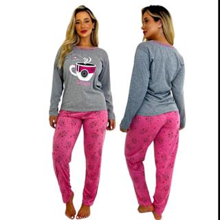 pijama feminino manga longa e calça adulto de malha pv excelente toque vestido para uma otima noite de sono
