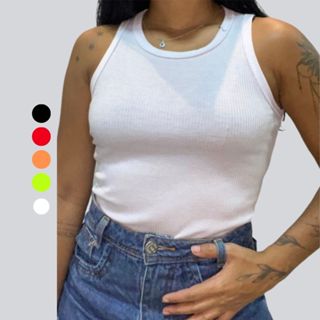 Camiseta Regata Feminina Ribana Canelada Lisa Básica Estica