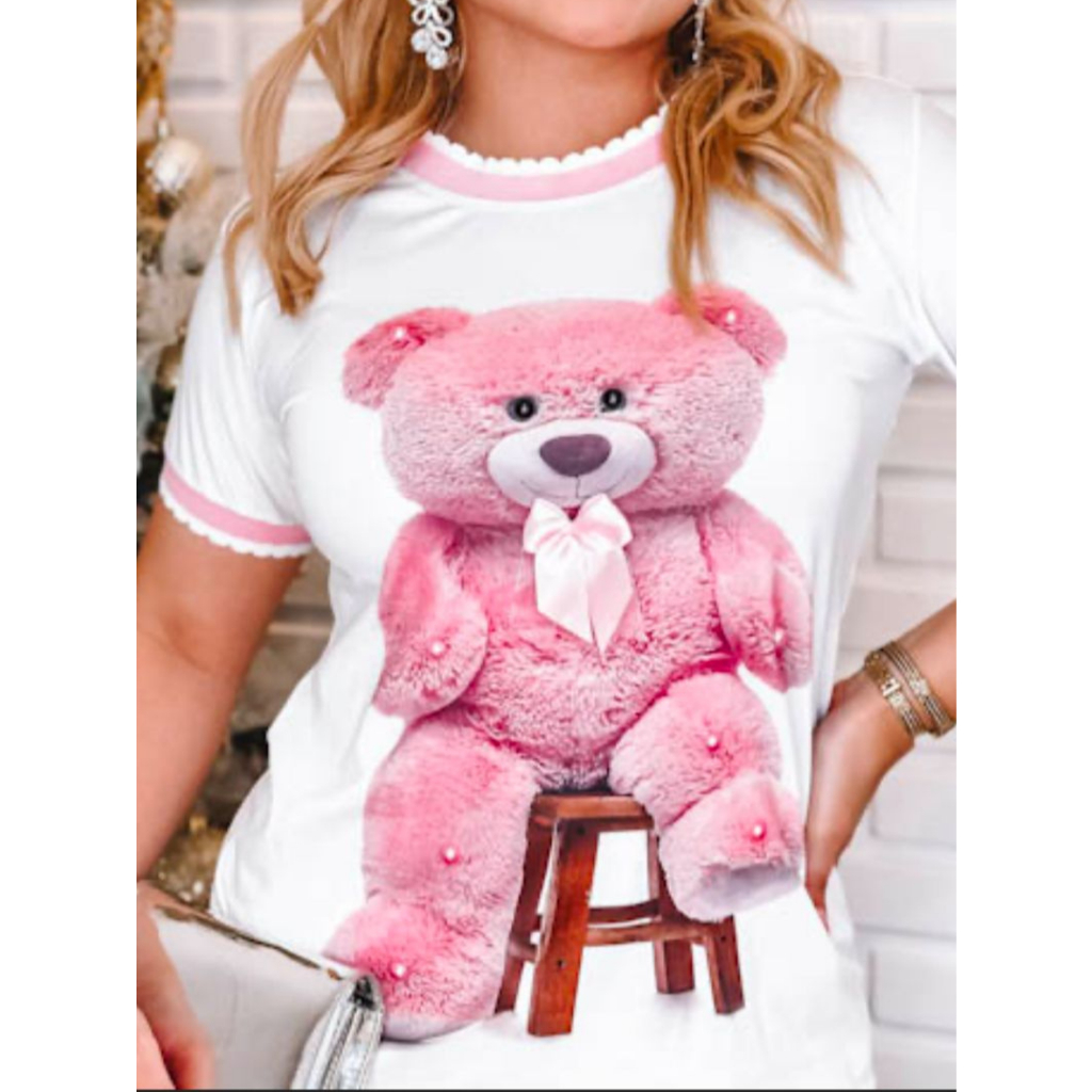 Camiseta Feminina Tshirt CASUAL ESTILOSA Ursinho Rosa em Oferta na Shopee