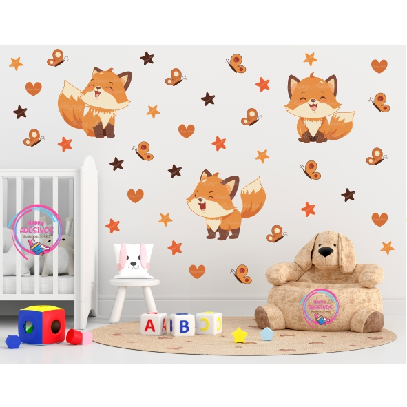 Adesivo Cartela Raposa Infantil Menina Menino Raposinha Quarto Decoração - Kit Adesivo de Parede Raposinha - Papel de Parede Bosque Quarto de Menina -