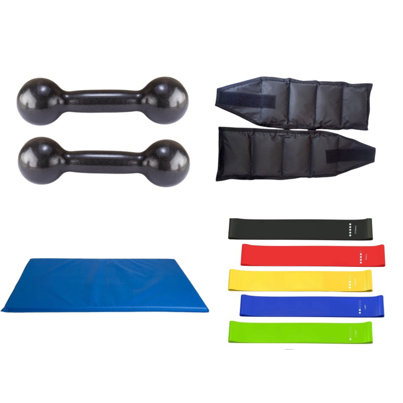 Imagem Kit Treino Completo Par Halter 2 Kg Preto + Par Caneleira 2 Kg + Kit 5 elásticos + Colchonete