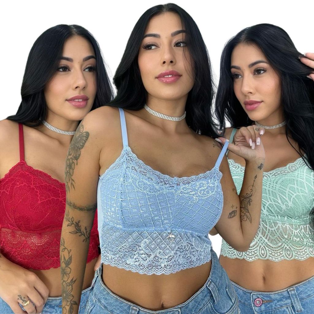 Kit 3 Cropped Renda sem Bojo Pingente Feminino Alça Croped Blusinha Forrado Moda Verão