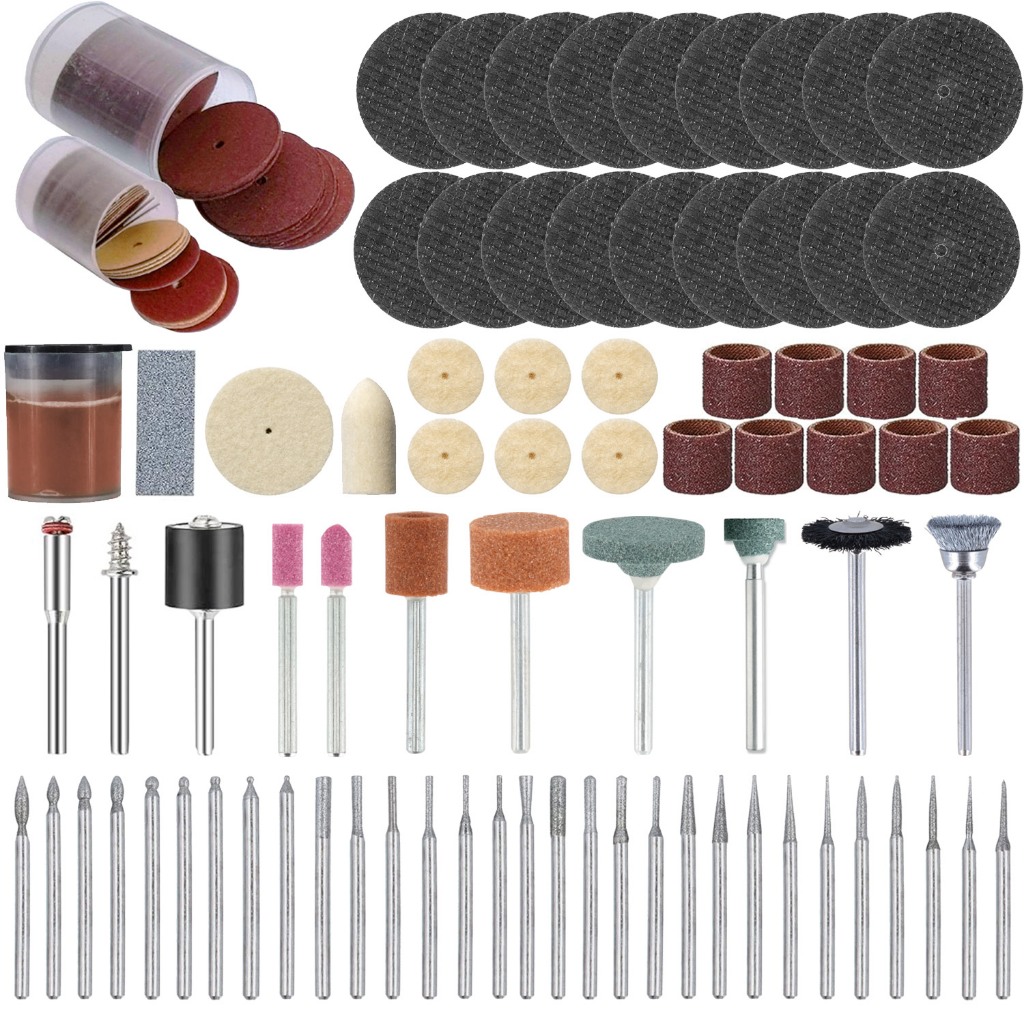 Kit com 150 Acessórios para Micro e Mini Retífica Padrão Dremel Completo Dremax. Indicado para lixar, polir, cortar, esmerilhar, limpar, gravar, desbastar, furar, etc.