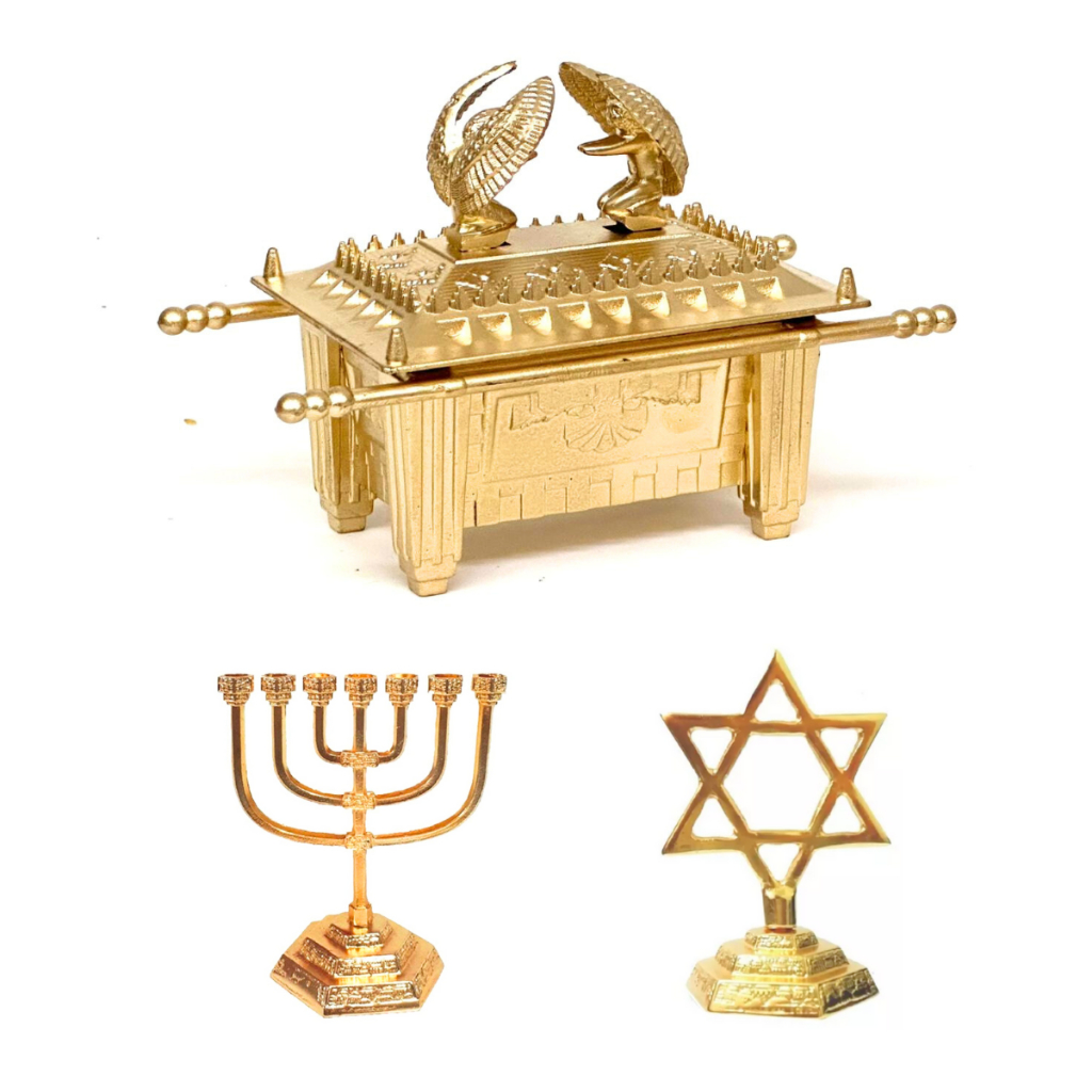 Kit arca da aliança dourada 13cm + Candelabro 10cm + Estrela Davi 10cm em Oferta na Shopee