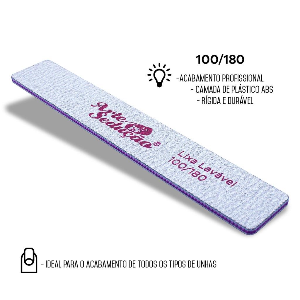 Lixa Quadrada Reta Lavável 100/180, 1 Unidade, Arte Sedução, Manicure Pedicure Unhas de Gel