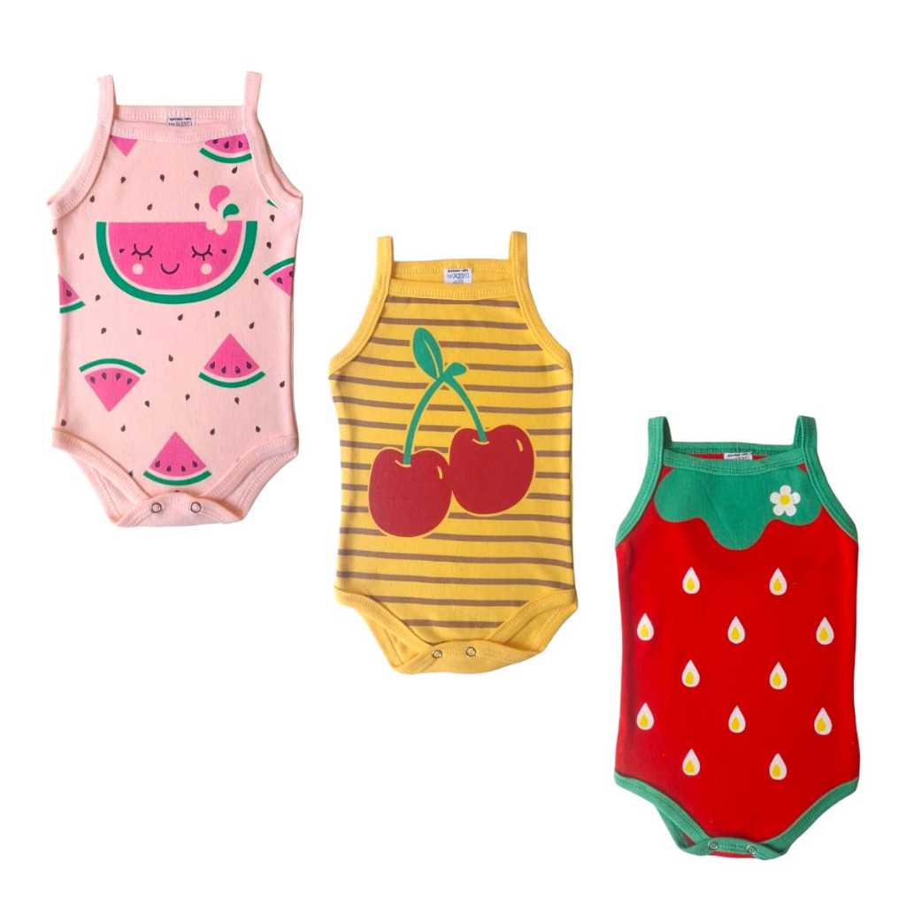 Kit 3 Peças Body Alcinha Frutinhas Bebê Algodão Enxoval Frutas Mesversario Roupa de Menina Melancia Morango