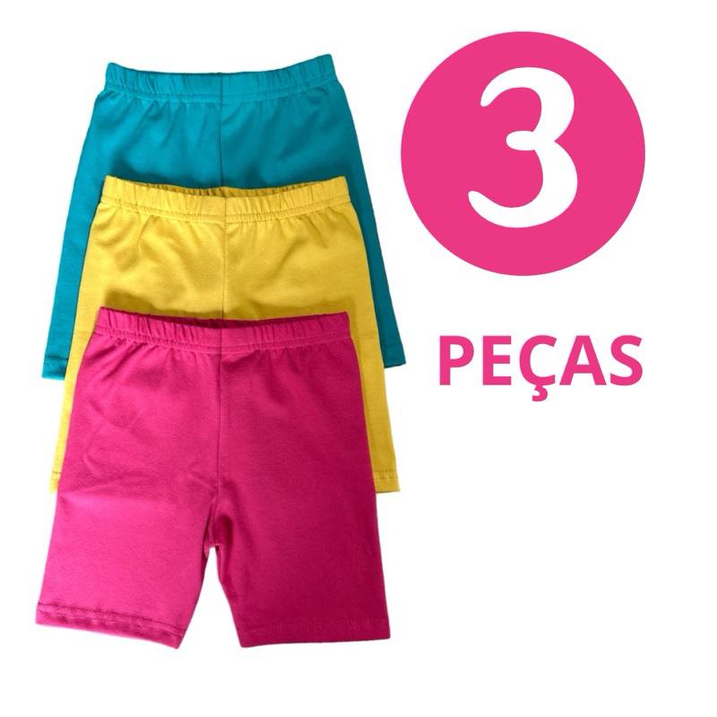 Kit 3 Short Cotton Premium Cores Lisas Sortidas Feminino Infantil (0003)