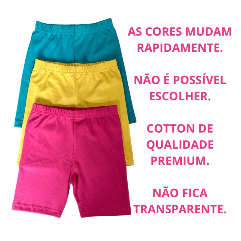 Kit 3 Short Cotton Premium Cores Lisas Sortidas Feminino Infantil (0003)