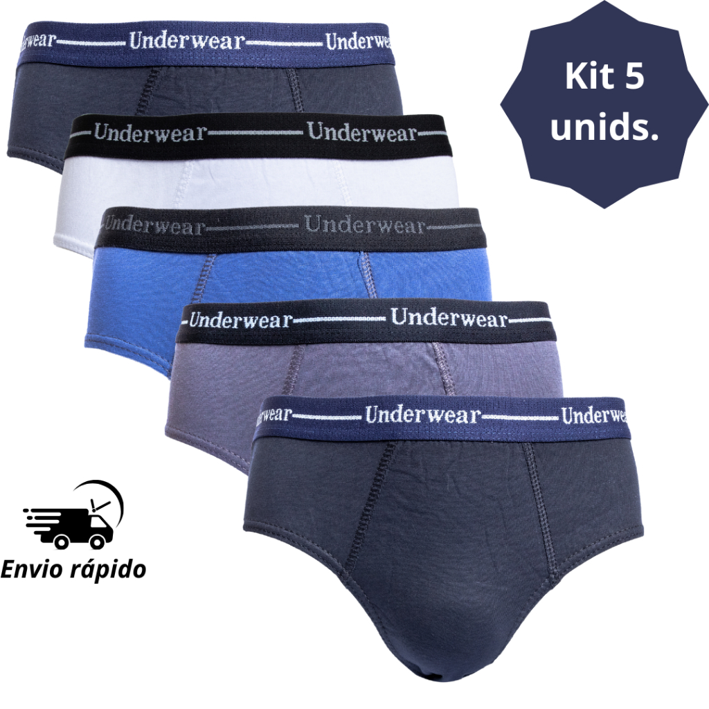 Kit 5 Cueca Adulto 100% algodão tradicional/normal/slip/com elástico aparente em Oferta na Shopee