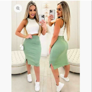 Conjunto Feminino Saia Midi e Cropped Tecido Anarruga fenda Lateral Zero Transparência Moda Gringa em Oferta na Shopee