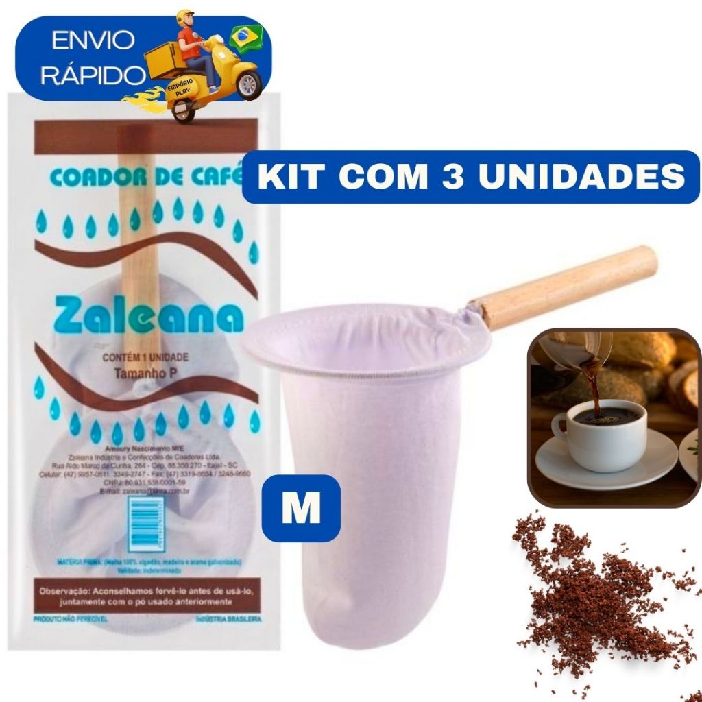 Kit Coador de Café de Pano Médio Flanelado com Cabo de Madeira Reutilizável e Sustentável